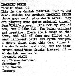 Immortal Death's Thrash/Funk Hybrid: Vomit Demo Review