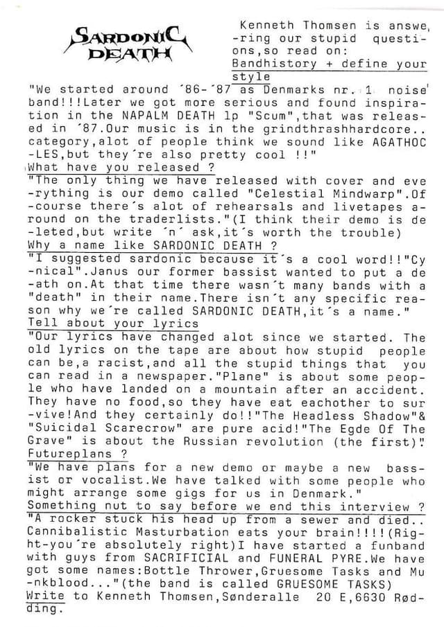 Interview with Kenneth Thomsen of Sardonic Death: Band History and Insights